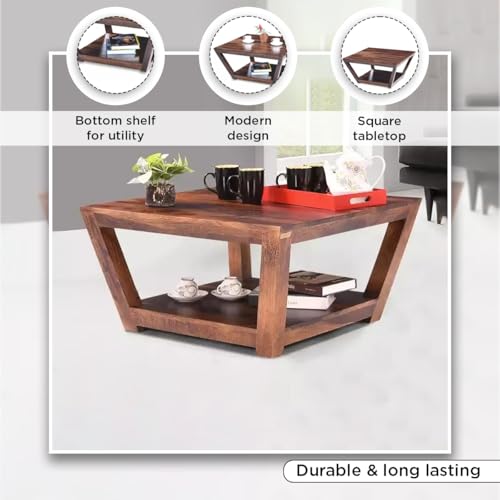 Image of Royaloak Dave Wooden Coffee Table | Solid Sheesham Coffee Table Wooden for Living Room| Modern Design with Curved Legs | Bottom Shelf | Stunning Natural Grain Patterns | Coffee Table for Living Room