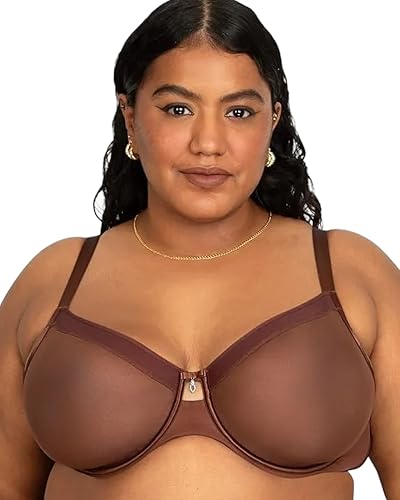Curvy Couture Malha transparente feminina, cobertura total sem forro, suporte sexy plus size, Chocolate, 40G