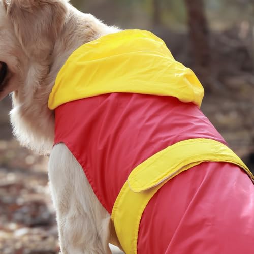 Image of Waterproof Dog Raincoat with Hood | Double Coloured Red-Yellow | Adjustable Velcro | Extra Coverage | Easy to Carry Pouch | for Small, Medium and Large Breed Dogs (Mini Adult (XL))