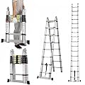 12.5FT Aluminum Telescoping Extension Ladder 330lbs Capacity Type A Lightweight Portable Multi-Purpose Folding with Support Bar Anti-Slip EN131 Certificated for Indoor Outdoor Work