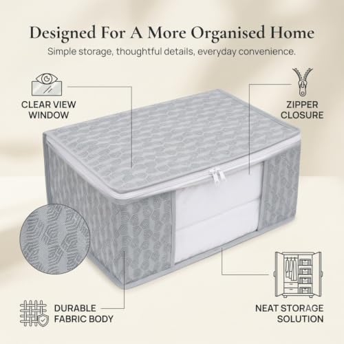 Image of BSB HOME Non-Woven Saree Cover and Clothes Storage Organizer with Transparent Window & Zipper Closure, Foldable Wardrobe Storage Bag for Sarees, Suits and Garments, 45 x 33 x 22 cm (Pack of 6, Grey)
