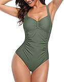 S9 TREND Women Ruched One Piece Halter Neck Beachwear Swimsuit (SWM-03_Olive_Large)