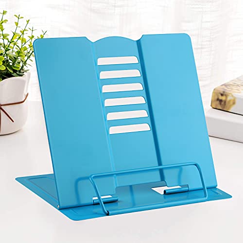 MSDADA Book Stand Metal Reading Rest Book Holder Adjustable Cookbook Documents Holder Portable Sturdy Bookstands for Recipes Textbooks Tablet Music Books with Page Clips (Sky Blue)
