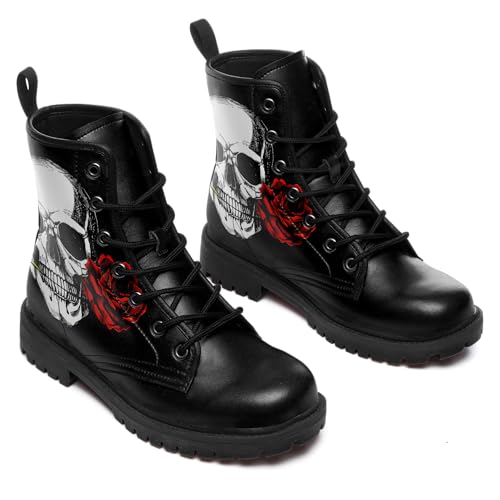 Image of Custom Black Combat Boots for Women Fashion Lace-Up Skull Rose Ankle Booties Chunky Heel Platform Leather Boots