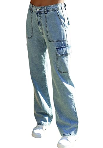 chouyatou Women's Boyfriend Multi-Pocket Cargo Jeans Y2K Streetwear Wide Leg Washed Denim Pants