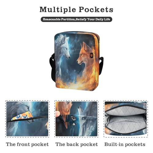 Crossbody Bag Ice Fire Flame Wolf Animal Messenger Bag for Women Men Purse Shoulder Bag Satchel Bag with Adjustable Strap 202a05182