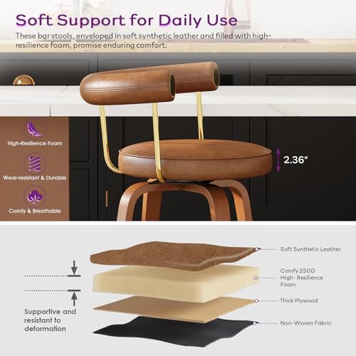 Image of Swivel Bar Stools Set of 2, 26 inch Counter Height Bar Chair, Barstools (Brown) | TYBOATLE, Mid-Century Modern, Faux Leather, Bent Wooden Legs, Golden Footrests, Island, Kitchen