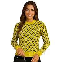 Blusa de Frio Feminina Tricot Manga Longa Geométrica Elegante Inverno Básica (BR, Alfa, Único, Regular, Amarelo)