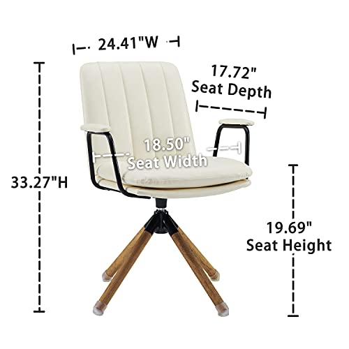 Zouron 360° Swivel Mid Century Modern Office Chair, Ergonomic Desk Chair For Living Room, Computer Chair Pu Leather Home Office Chair With Oak Wood Legs, Offwhite & No Wheel #TOP1