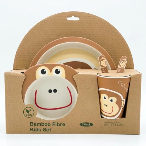 Image of Bamboo Kids Feeding Set of 5 |Kids Crockery Set Tableware |Baby Utensils and Dishes Set | Eco-Friendly |Organic & Natural. (Mighty Monkey)