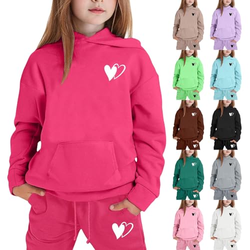 2025 Girls Sweatsuit Set Cute Hooded Sweatshirt & Jogger Pants with Pocket Casual Outfits Double Hearts Graphic Pants Set Boy