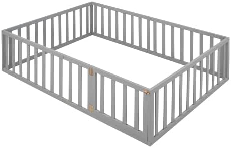 Walnut Large Children's Bed Frame, Solid Wood Floor Bed Frame, Bed Frame with Fence, with Door. (Gray)