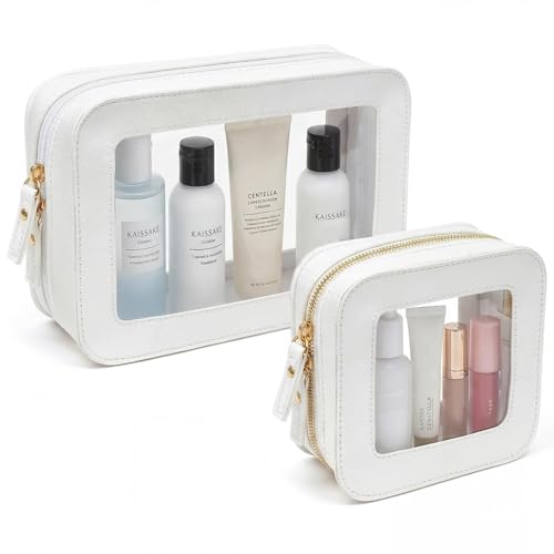 Sunscreen Bag Clear Makeup Bag Set Toiletry Pouch Waterproof PU Leather Portable Beach Bag Organizer Pouch with Transparent Window,Beach Vacation Essentials for Women(2Pack-Standard&Square, Beige)