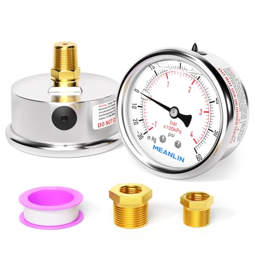 MEANLIN MEASURE -30inHG~60Psi Stainless Steel 1/4" NPT 2.5" FACE DIAL Vacuum Pressure Gauge, Center Back Mount, 1/2" NPT and 3/8" NPT Hex Bushing