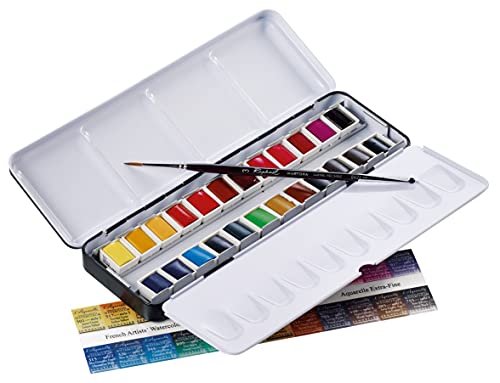SENNELIER French Watercolor Painting Set, 24 Vibrant Colors in Half Pans, Metal Case and Palette