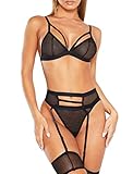 awake lingerie muse set di biancheria sexy 3 pezzi, reggiseno push-up perizoma e reggicalze, completo intimo pofonda con scollo a v, donna (nero, l)