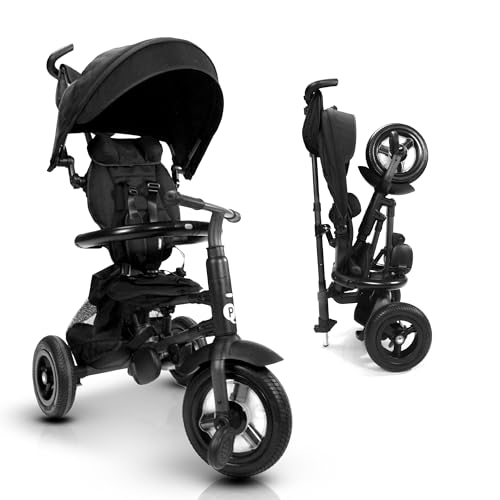 Image of POSH BABY & KIDS QPlay Rito Toddler Tricycle with 3-Stages - Premium Push Trike Featuring Easy Storage & Transportability, Safety Harness, Adjustable Canopy & Parent Handle (Ages 1-5, Black)