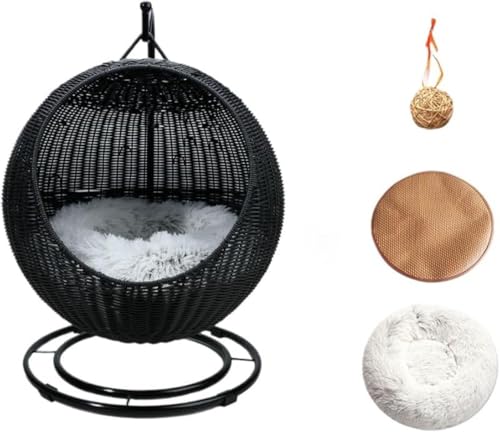 CokBlu 猫ハウス プラスチック藤編み ドーム型 ハンギングスイング 大型猫対応 ウレタンクッション付き 洗濯可能 室内外兼用 通気性