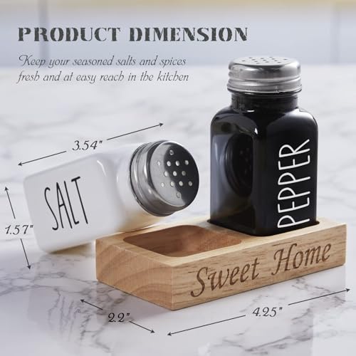 Image of Store2508 Salt and Pepper Shaker Set with Wooden Tray | Farmhouse Style Salt Pepper Dispensers with Screw-On Lids | BPA-Free Seasoning Containers for Kitchen Dining Table