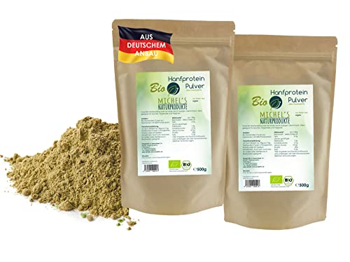 Michel´s Naturprodukte - BIO Hanfprotein aus Deutschem Anbau, 50% Proteingehalt, 1kg (2x500g), Veganes Hanfproteinpulver ohne Zusatzstoffe, Rein Pflanzliches Eiweißpulver aus Hanfsamen, Hanfpulver Cover