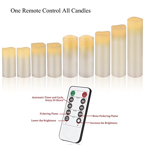Image of Vickiss Flameless Candles Battery Operated Candles 4 inch 5 inch 6 inch 7 inch 8 inch 9 inch Set of 9 Ivory Real Wax Pillar LED Candles with 10-Key Remote and Cycling 24 Hours Timer