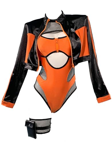 haikyuu Women Ninja Cosplay One Piece Swimsuit Halter Mesh Cutout Bodysuit Bathing Suit and Short Jacket Cover-up Yellow