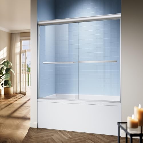 AquivaCoast 56-60â€³x 58â€³ Semi-Frameless Sliding Bathtub Shower Door, 1/4\" (6mm) Tempered Glass, Easy to Clean, Double Sliding Bypass Glass Tub Shower Doors, Brushed Nickel