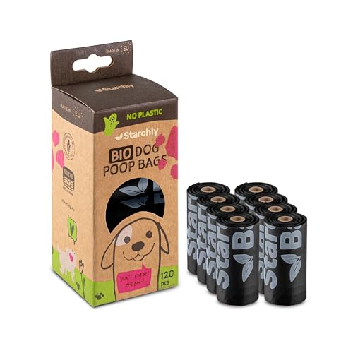 Starchly Kompostierbare Kotbeutel für Hundekot, umweltfreundlich, auslaufsicher, Stärkebasis, 120 Beutel (8 Rollen mit je 15 Stück), Schwarz
