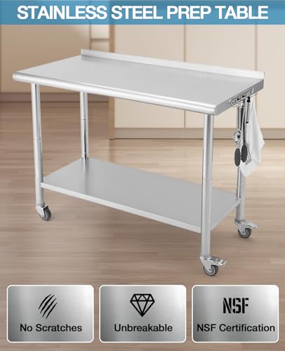 GarveeTech NSF Commercial Stainless Steel Prep Table 48 in x 24 in, Work Table with Adjustable Undershelf, 5 Hooks and Wheels, Heavy Duty Workbench Workstation for Home Kitchen Restaurant Outdoor - Thumbnail 2