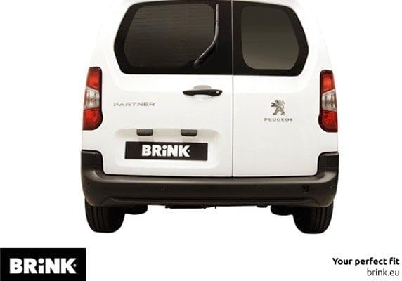 Brink towbar installed on a white Peugeot Partner van, rear view