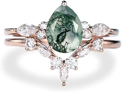 1.25ct Pear Moss Agate Engagement Ring Set Sterling Silver Wedding Band Ring For Women Green Ring Vintage Unique Rose Gold Bridal Wedding Ring Set