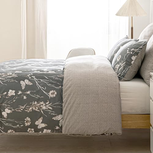Image of Lekesky Grey Duvet Cover Set King Size, Reversible Vintage Print Comforter Cover King Size 3pc, Soft 100% Washed Microfiber Grey Bedding Sets with Zipper Ties and 2 Pillowcases