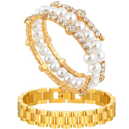 DOSMINE Fashion Women Thick Link Bracelet Adjustable Watch Band Chain Wristband Bracelet Faux Pearl Bracelets Diamond Tennis Bracelets for Women Jewelry Gifts for Women Girls Christmas Valentine's Day