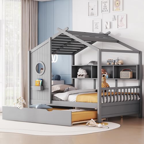 Linique Wooden Full Size House Bed with Trundle and Storage Shelf,Modern Design Full Platform Bed Frame with Pitched Roof(Gray)