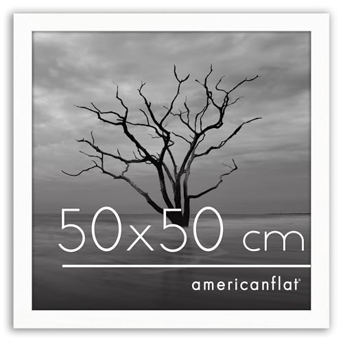 Americanflat Marco de Fotos 50x50 cm en Blanco   Marco Fotos Madera con Cubierta de Plástico Resistente y Ganchos para Colgar en Pared
