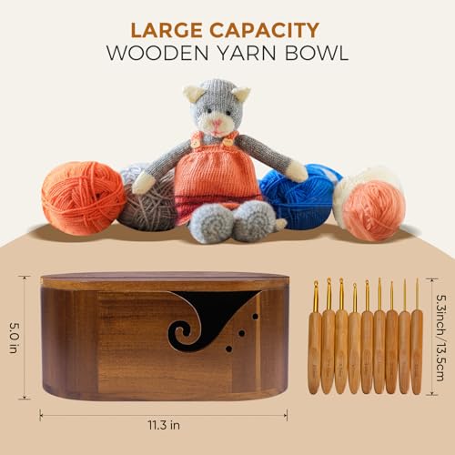 Image of Miglaja Yarn Bowl - Large Size Wooden Yarn Holder, Smooth Crochet Bowl with 9pcs Knitting Hooks Yarn Bowls for Crocheting Yarn Storage (with LID)