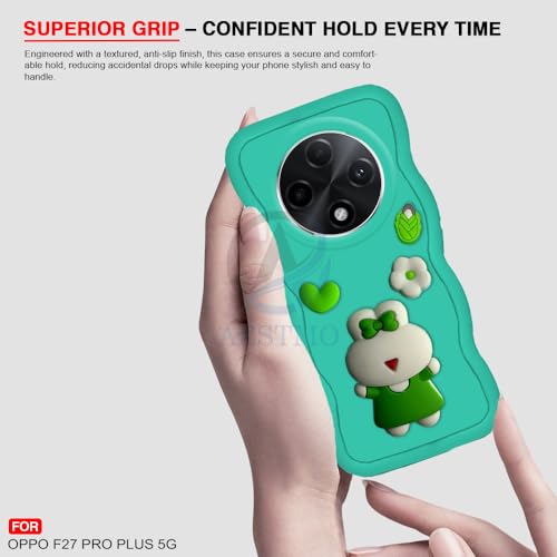Image of AESTMO Back Case Cover for Oppo F27 Pro Plus 5G | 3D Cute Fun Cartoon Characters | Anti Slip Grip Cute Wave Curly Frame Shape | Full Body Protection Back Cover for Oppo F27 Pro Plus 5G | (Mint Green)