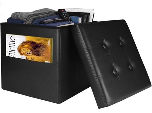 Image of Bsketa Storage Ottoman Bench,15 Inch Folding Leather Foot Rest Stool, Black | Small Ottoman with Side Pockets, Thicker Foam Padded Seat, Livingroom, Dorm, Bedroom, Easy to install, 40L, 15x15x15in