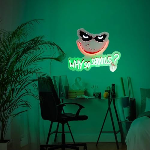 Image of Why So Serious Joker Neon Sign, UV Print LED Neon Light with Dimmer, 16x13 Inches, USB Powered Wall Decor for Bedroom, Game Room, Bar, Party