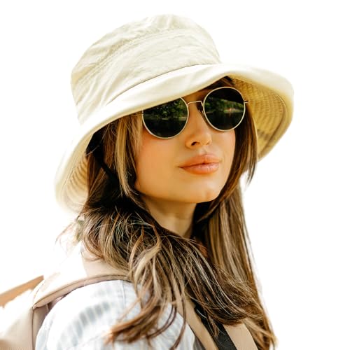 TOP-EX Sun Hats for Women Big Head Wide Brim UPF 50 with Chin Strap Ponytail Hole Foldable Bucket Hat for Outdoor Beach Travel Summer Gardening Hiking Camping Waterproof and Breathable Beige XL