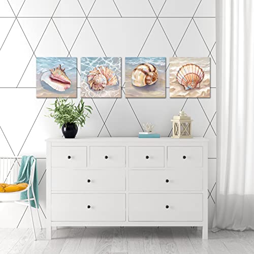 Lovehouse Beach Coastal Paintings Wall Art Decor Seashell Nature Canvas Picture Blue Ocean Nautical Decorations Posters Prints Artwork For Bathroom Bedroom 12"X12"X4 Pcs #TOP3