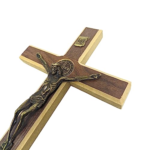Cruz Crucifixo de Parede Madeira Metal Com Medalha de São Bento Para Pendurar em Porta 23cm