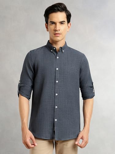 Image of Thomas Scott Men's | Solid | Textured Fabric | Full Sleeve | Slim Fit | Polyester-Blend | Spread Collar | Casual Shirt