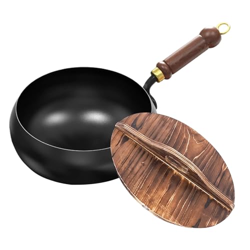 Padella non rivestita in ferro forgiato a mano, con funzione di ritenzione del calore, per cucina, diversi stili culinari, ricette, padella in ferro battuto, padella in ferro, nero (24 cm + coperchio