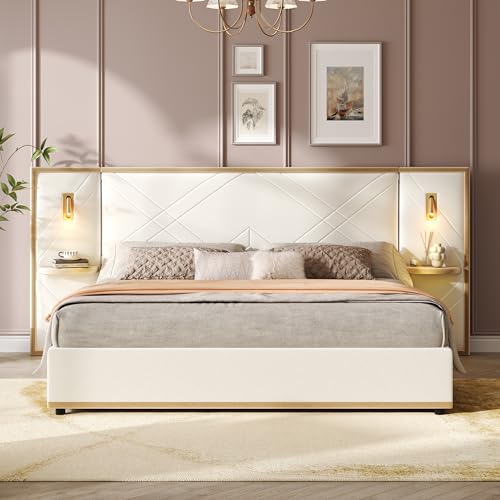 Merax King Bed Frame with 2 Built-in Led Lights and 2 Floating Storage Shelves, Luxury Velvet Upholstered Platform Bed Frame King Size with Wingback Headboard for Bedroom, No Box Spring Needed, Beige