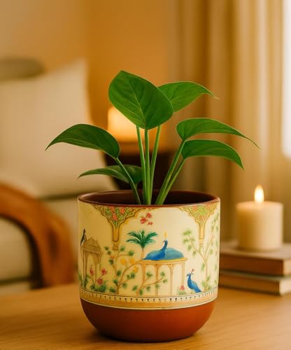 Image of Terracotta Planter - Premium Glass Coated Peacock Design Planters for Home Decor | Artistic Flower Pots for Garden & Indoor Plant Pot (Beige, Small)