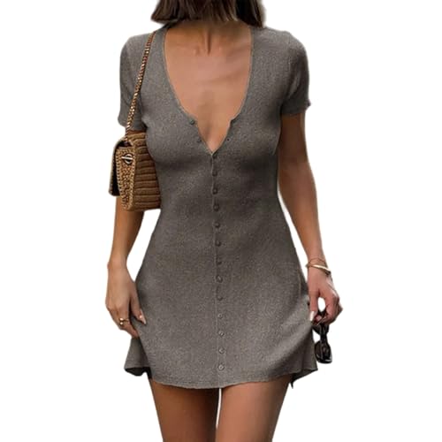 GCZREN Women Sexy Deep V Neck Button Front Knit Mini Dress Elegant Short Sleeve Ribbed Flowy Hem A-Line Short Dress(S,Grey)