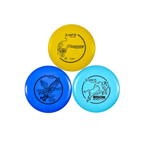X-UFO Floating Disc Golf Starter Set - Professional Three-Piece Set Includes a Putter, Long-Range disc, mid-Range disc, and mini disc. Weighing 157-175 Grams