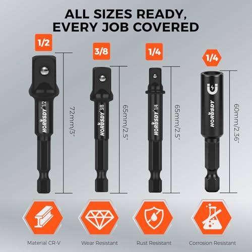 Image of 7-Piece High Torque Impact Socket Adapter & Magnetic Bit Holder Set, 1 /4 inch Hex Shank Drill Socket Adapter to 1 /2 inch 3 /8 inch 1 /4 inch Drive, Magnetic Bit Holder for Impact Driver & Drill, With Organizer Rack