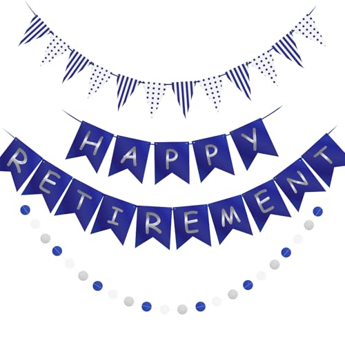 Happy Retirement Banner Assembled GAGAKU Blue and Silver Retirement Party Decorations Supplies Kit Blue White Paper Pennant Banner for Men Women Office Farewell Party